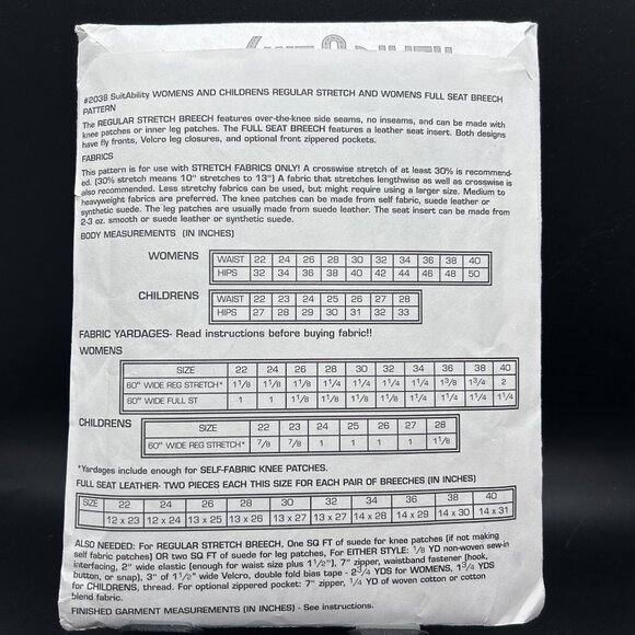 SuitAbility 2038 “Riding Breech & Full Seat Stretch” (22-40)Sewing Pattern Uncut - Picture 2 of 5